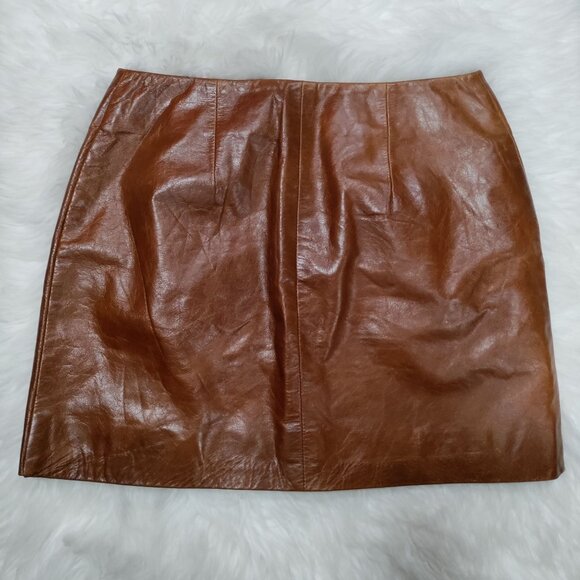 Hugo Buscati100% Leather Antique 70s Style Brown A-Line Wrap Mini Skirt Size 6 - Picture 6 of 16